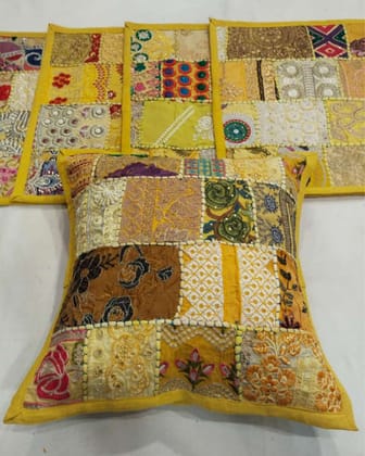 Khamma Ghani Kambadiya Radiant Yellow Cushion Cover-Set of 2
