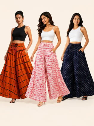 Women's Premium Palazzo Combo Pack of 3 | 2 Rayon + 1 Cotton | Free Size | Flared Palazzo Pants