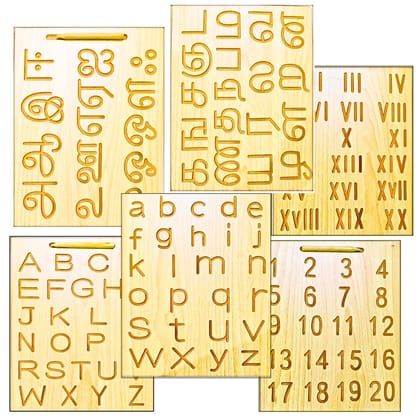 TOYJOS Wooden Tracing Board Combo Set for Kids | English, Math, Tamil Alphabet Letters Engraved Double-Sided Learning Tool | Montessori Learning Writing Slate with Stylus Pen for Ages 2–5 Years