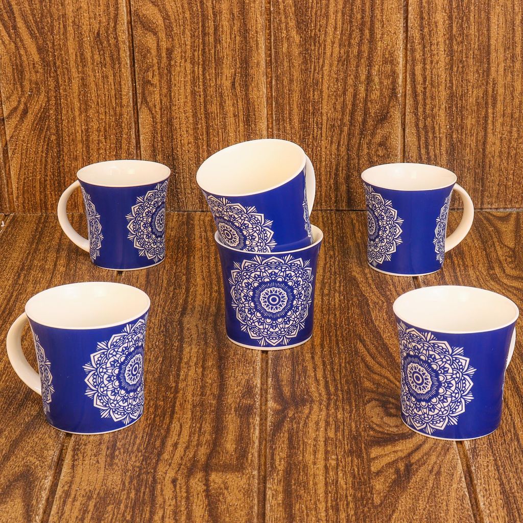 Femora Abstract Lotus Pattern Tea Cups, Ceramic Tea Cups, Coffee Mugs (160 ml) - 6 Pcs Set (Blue)