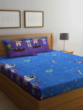Blue & White Cartoon Characters 300 TC King Bedsheet with 2 Pillow Covers