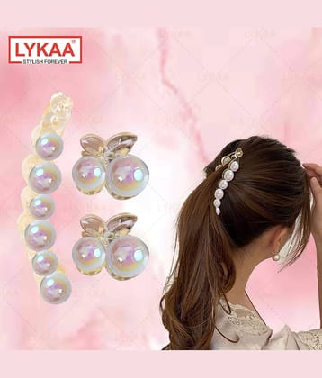 Lykaa Pearl Korean Banana Hair Clip with Two Pearl Clutchers, Ponytail Holder Fancy Clips - 3 Pcs
