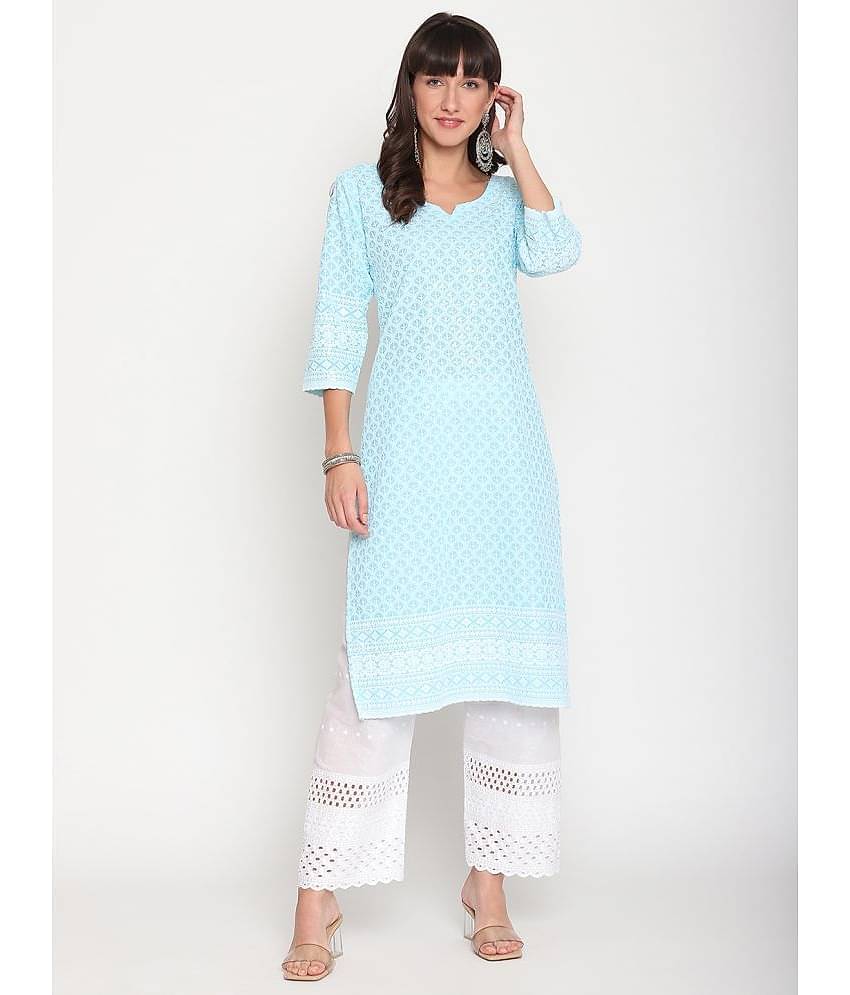 Queenley - Blue Cotton Women's Straight Kurti ( Pack of 1 )