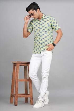 Elephant Jaipuri Block Printed Shirt-S / Green / 100% Cotton