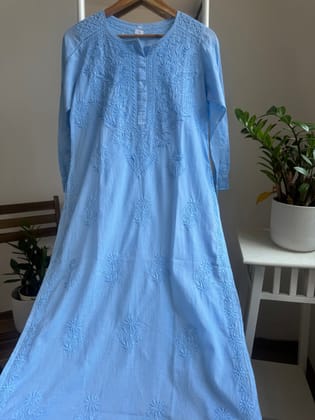 Mul Cotton Blue Chikankari Kurti - Saaz Collection-white / cotton / S