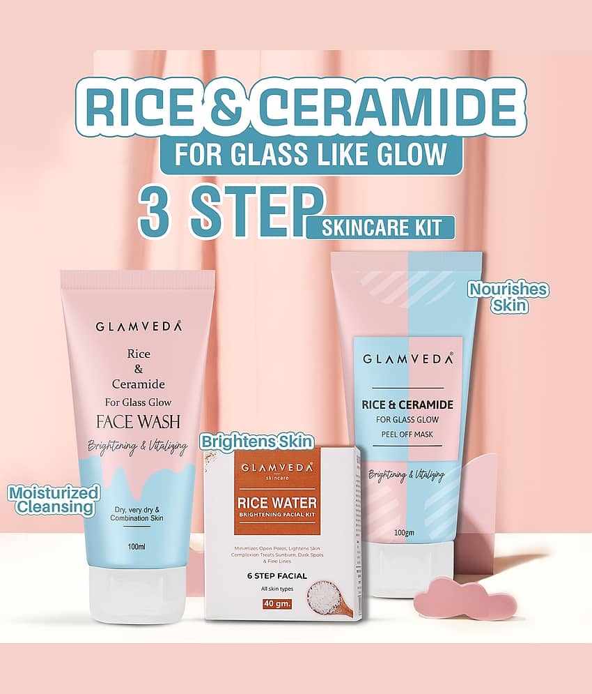 Glamveda Rice & Ceramide Korean Glass Skin Combo Gift Pack | Skin Brightening & Anti Dullness | Face Wash, Facial Kit & Peel Off Mask