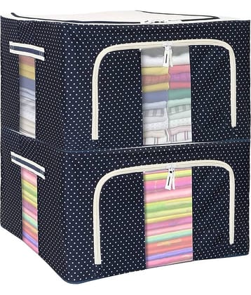 SKYVILLA 66 LTR Foldable Steel Frame Cloths Zip Organizer Bag and Oxford Fabric Storage Living Cover Boxes For Wardrobe Shelves Clothes, Sarees, Bed Sheet, Blanket (Blue Polka, 66Ltr - Pack of 2)