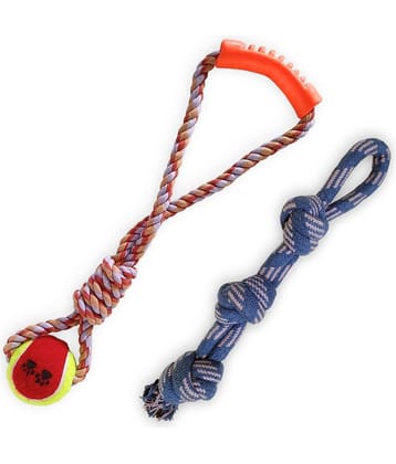 MY SUPER PAWS rubber ball rope toy with knots & easy grip handle & 3 knots double rope tug rope l Natural cotton rope toys for dogs l Pack of 2