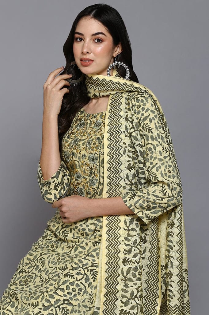 Premium Women Yellow Silk Blend Floral Straight Suit Set VKSKD1865 2026 at ShopCircuit | ONDC