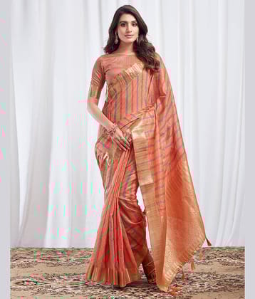 Satrani Cotton Silk Striped Saree With Unstitched Blouse Piece ( Pink )