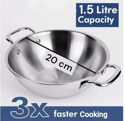 WEKTU Triply Stainless Steel Kadhai with Lid – 20 cm Diameter, 1.5 L Capacity, Induction Compatible