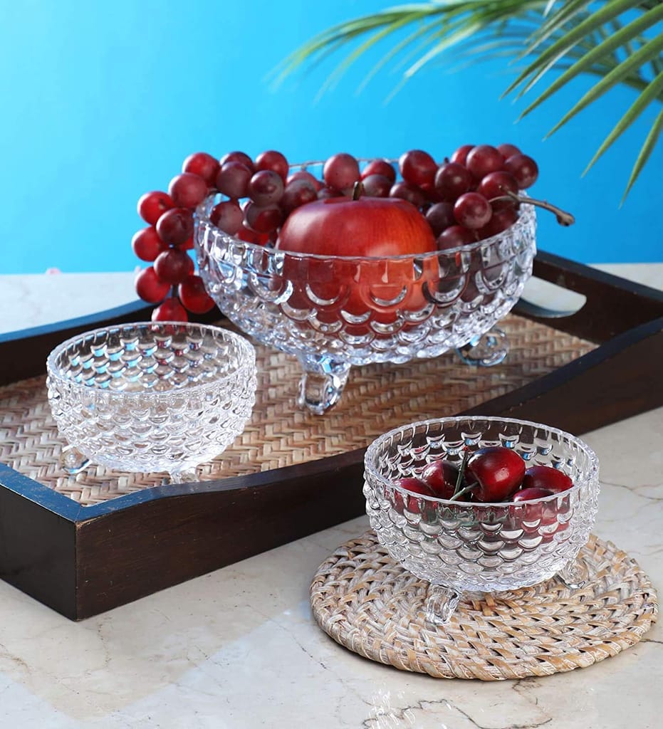 Crystal Glass Bowl Set of 7 pcs with 1 Large Bowl & 6 Small Bowls for Serving Snacks, Pudding, Dessert, Fruits and Kitchen Purpose (Fish Design)
