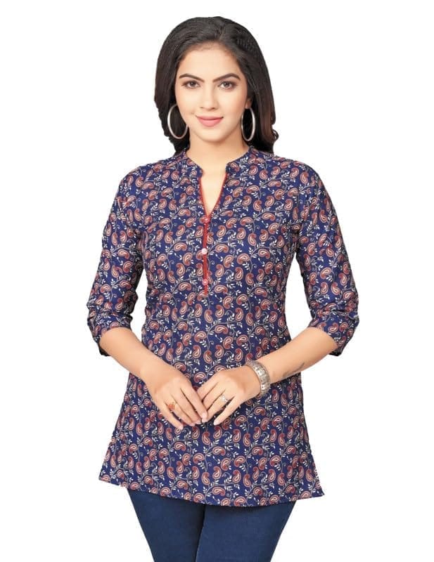 Women's Cotton Blend Mandarin Collar 3/4 Sleeves Short Top (Blue, S)-PID56249