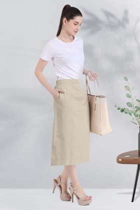 Elegant Linen Blend Midi Skirt, Beige-XS