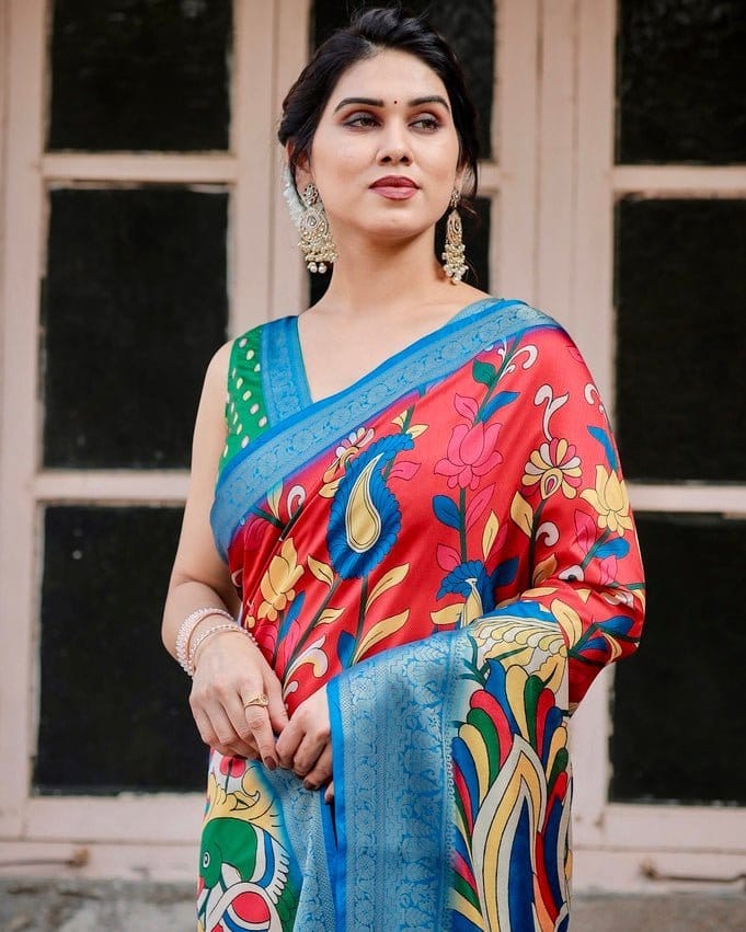 Multicolor Tussar Silk Saree with Vibrant Peacock and Floral Motifs-Regular