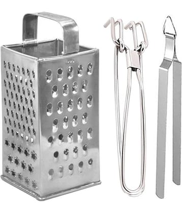 JISUN - Silver Stainless Steel BIG GRATER+PAKKAD+CHIMTA ( Set of 3 )