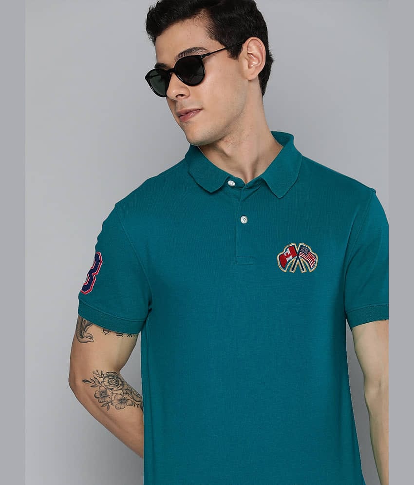Merriment Pack of 1 Cotton Blend Regular Fit Embroidered Half Sleeves Men's Polo T Shirt ( Teal Blue )