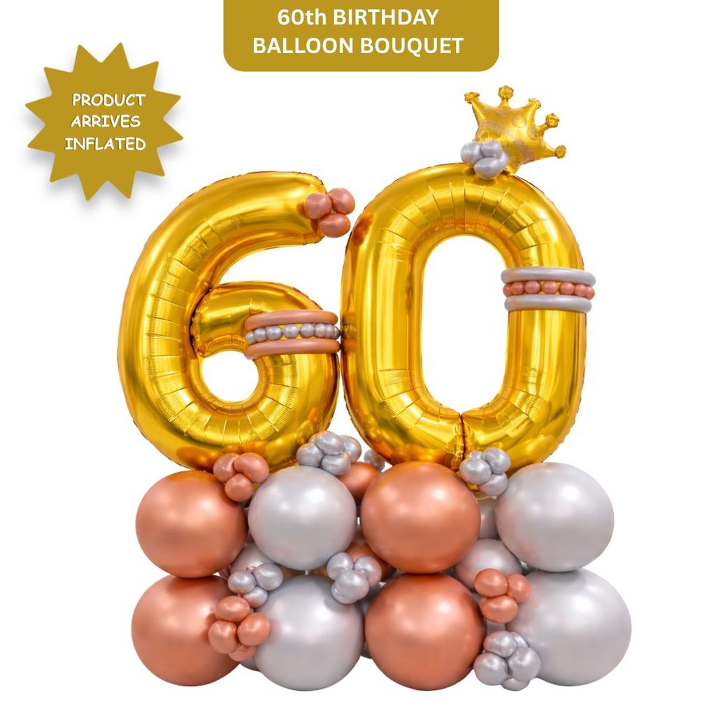 Signature Number 60 Large Golden Balloon Bouquet Arrangement with Small Crown & Silver, Rosegold Latex Balloons - Party and Festive Needs | Buy online on ZillyBuy