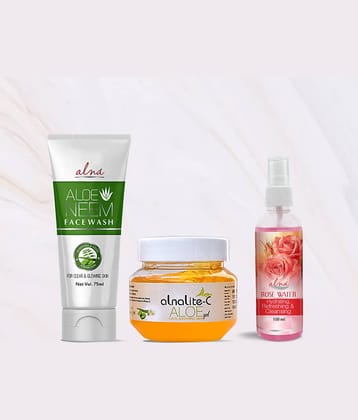 Alna Neem Face Wash 75ml With Alnalite-C Aloe Gel 100gm & Rose Water 100ml , Pack of 3