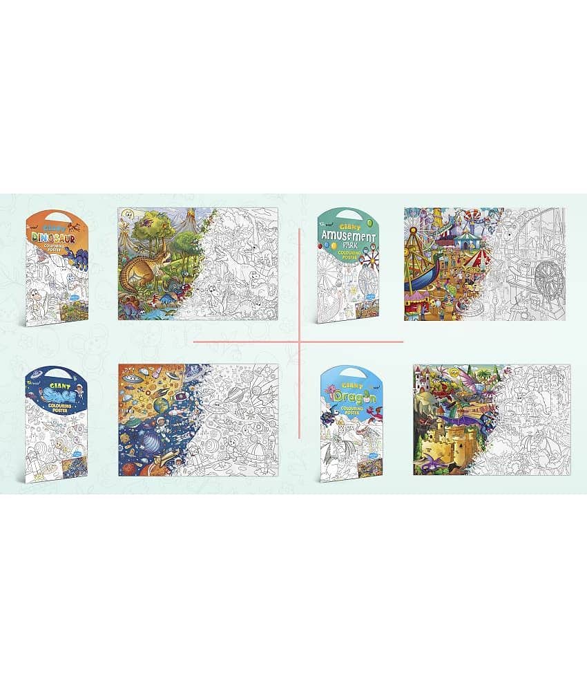GIANT DINOSAUR COLOURING POSTER, GIANT AMUSEMENT PARK COLOURING POSTER, GIANT SPACE COLOURING POSTER and GIANT DRAGON COLOURING POSTER | Gift Pack of 4 Posters I large mindfulness colouring poster for kids