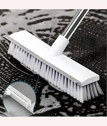 2 in 1 Bathroom Cleaning Brush with Wiper, Tile Cleaner Brush, Long Handle, White