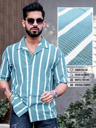 Popcorn Knit Vertical Stripe Blue Half Sleeve Shirt-S / Blue