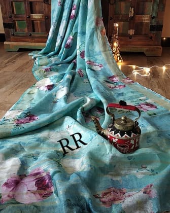 SKY BLUE COLOR FLOWER DESIGN LINEN DIGITAL PRINTED SAREE  1549
