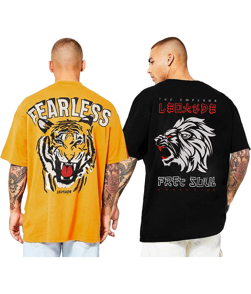 Trond Cotton Blend Oversized Fit Printed Half Sleeves Men's T-Shirt - Mustard ( Pack of 2 )