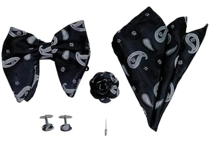Voici Men's Bow Tie cufflink lapel pin and Powcket Square Combo Satin Microfiber Black grey Color Free Size - Balck and Gray1