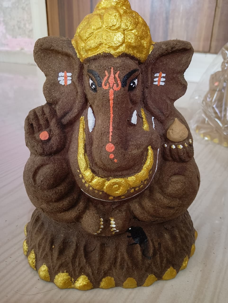 Brown Ganpati Idol (Standard Size) | Seated Ganesha Murti with Golden Crown & Mooshak | For Home Pooja Mandir & Decor | Eco-Friendly