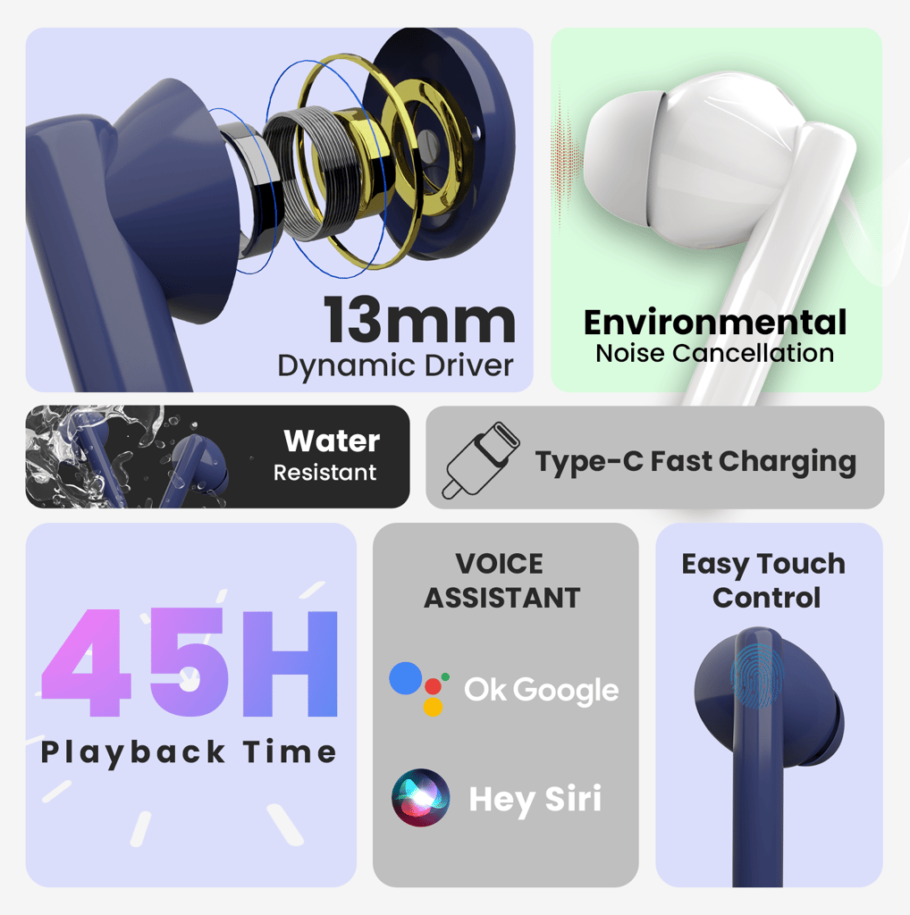 Cellecor BroPods CB11 TWS With 45 Hrs, ENC, 13mm Driver, BT v5.1, Voice Assistant, IPX4 Bluetooth-Grey