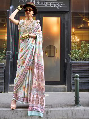 Light Blue Pure Satin Georgette Digital Print Bollywood Saree