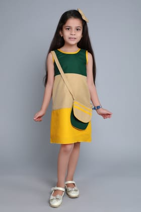Colorblock Aline Dress with Sling and Matching Bow Clip -Yellow&Green-1-2Y / Yellow
