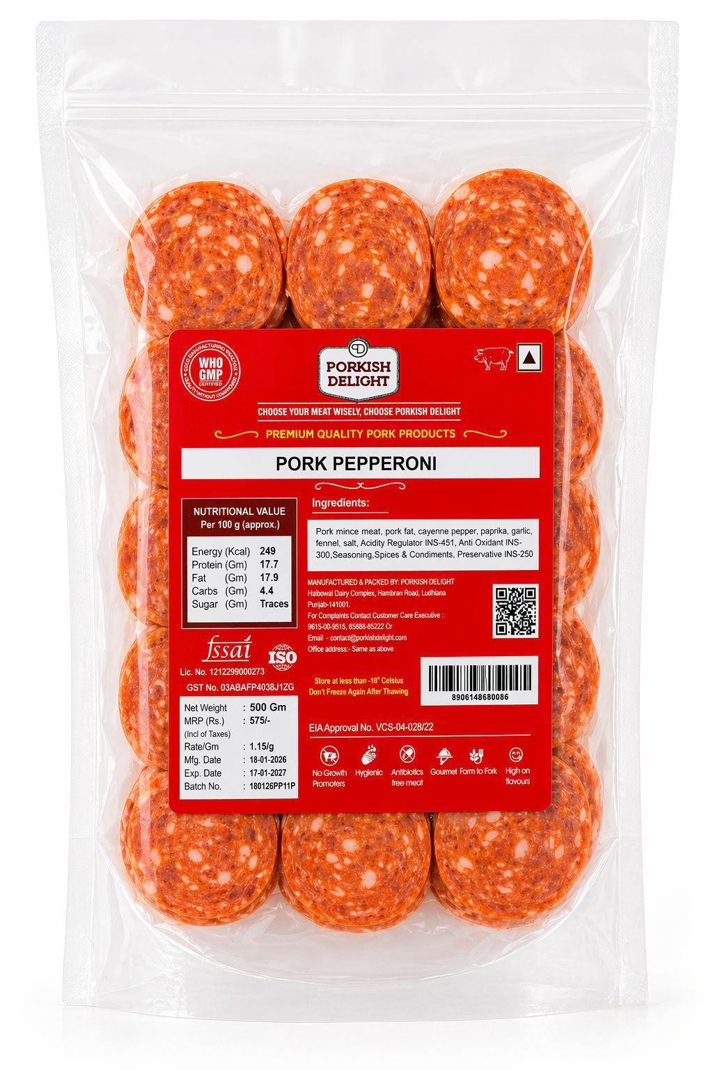 PORKISH DELIGHT Gourmet Pork Pepperoni Slices, 500g | Authentic Smoked Deli Meat for Pizza Toppings, Charcuterie Boards & Keto Snacks | High Protein, Gluten-Free, Traditional Spiced Recipe