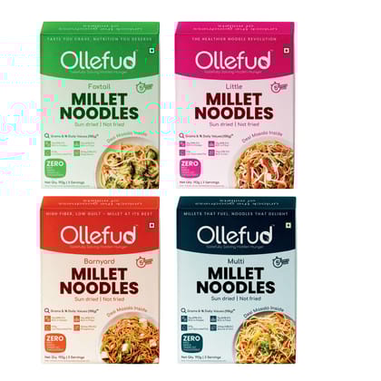 Ollefud Millet Hakka Noodles Super Saver | (Foxtail + Little + Barnyard + Multi) | Sun Dried | Zero Maida | Not Fried | 192g Each | Pack of 4 | 768g