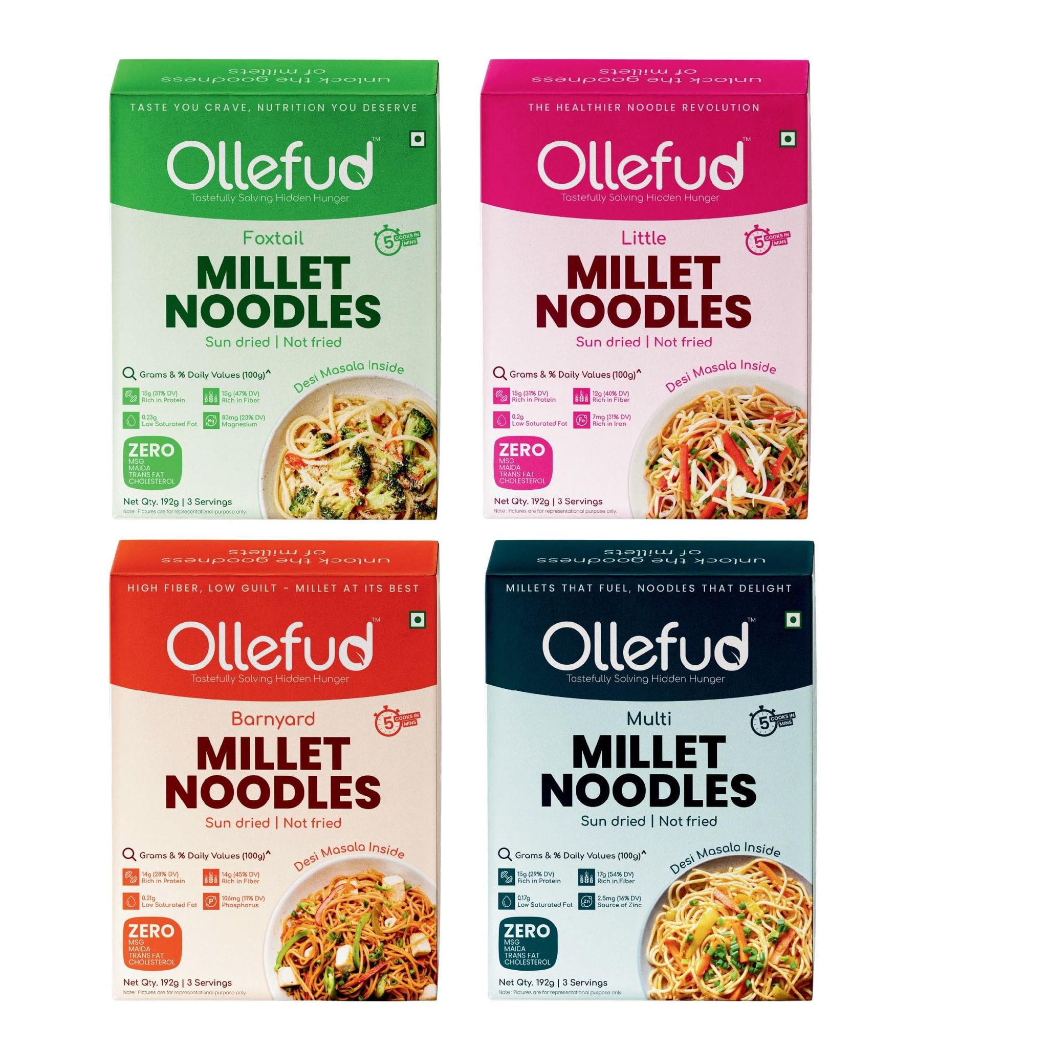 Ollefud Millet Hakka Noodles Super Saver | (Foxtail + Little + Barnyard + Multi) | Sun Dried | Zero Maida | Not Fried | 192g Each | Pack of 4 | 768g