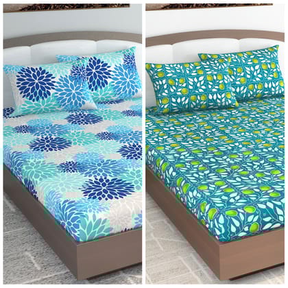Green and Light Blue Floral Print Set of 2 Combo Bedsheet for King Size Bed-King / Green and Light Blue / PR_5012-PL1426-KB