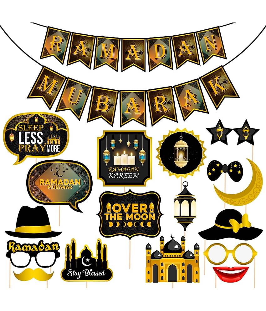 Zyozi  Eid Mubarak Photo Booth Props with Ramadan Mubarak Banner Ramadan Mubarak Photo Props Party Supplies Decoration for Eid Mubarak Muslim Themed Party (Pack of 18)