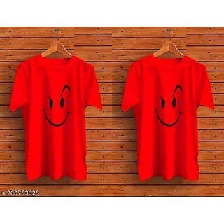 Poly Blend Red Short Sleeves Printed Tshirts (Pack of 2)