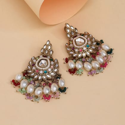 Rani Color Kundan Earrings (KDE1007RNI)-Length: 7.50 CM x Width: 4.00 CM / Pink / Alloy With Good Quality Mehndi Gold Plated