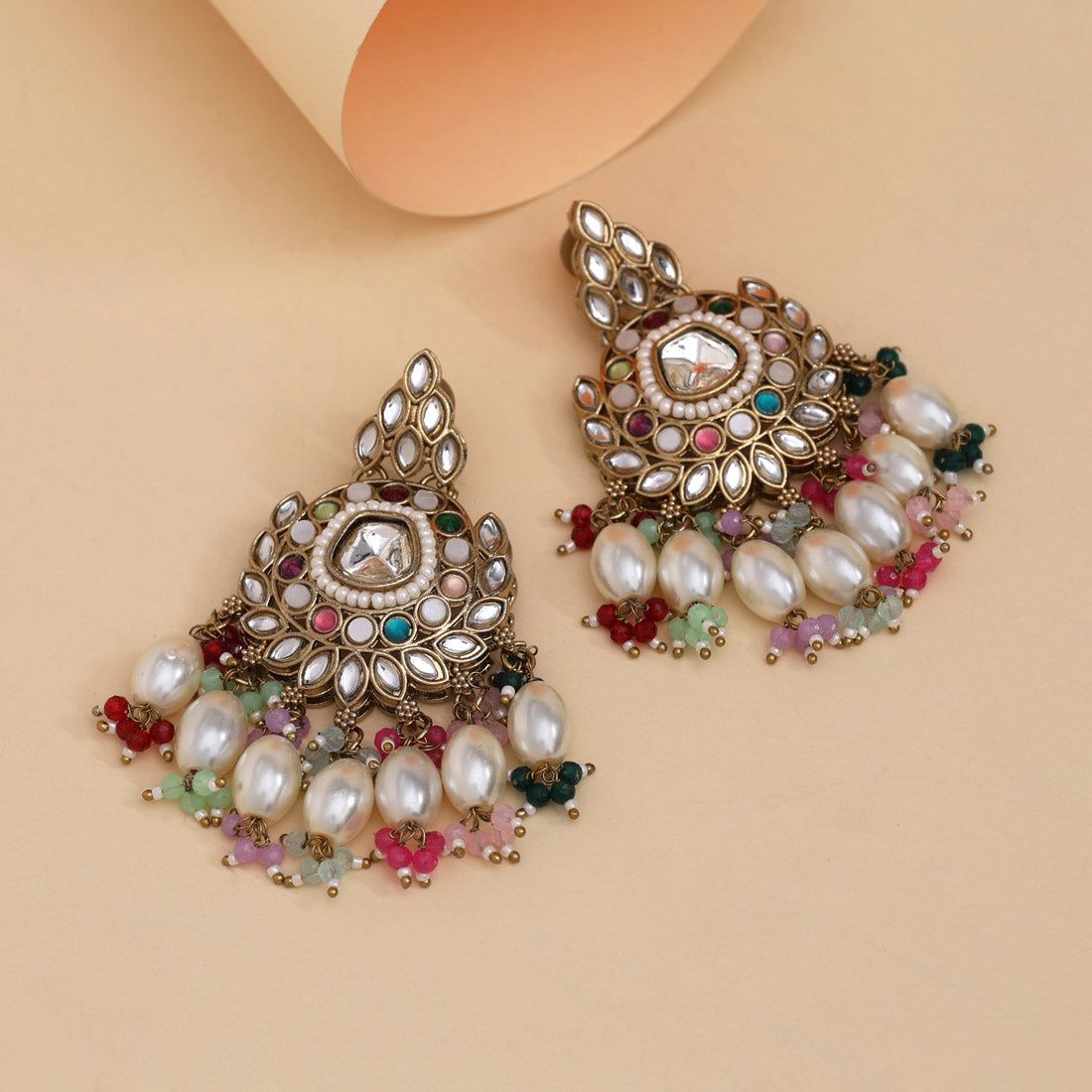 Rani Color Kundan Earrings (KDE1007RNI)-Length: 7.50 CM x Width: 4.00 CM / Pink / Alloy With Good Quality Mehndi Gold Plated
