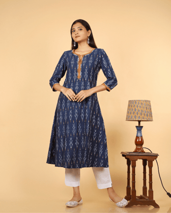 Navy Blue Banjara Embroidery Ikat Kurta-M