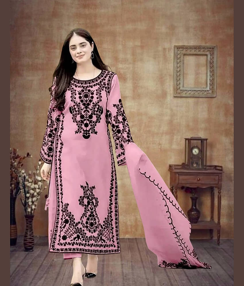 piludi Women Silk Blend Embroidered Straight Kurti With Pants ( Pink )