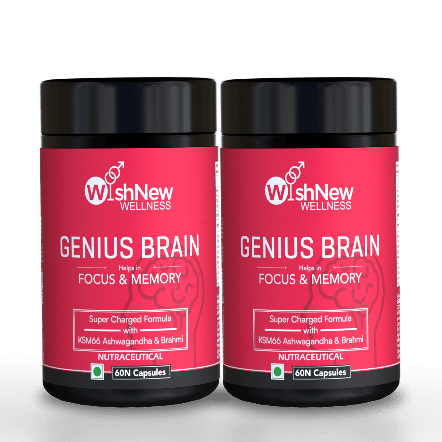 WishNew Wellness Genius Brain Booster - Advanced Nootropic for Enhanced Focus, Memory & Concentration | 60 Veg Capsules | With Mucuna, Brahmi & Ginkgo Biloba | Natural Supplement for Cognitive Su