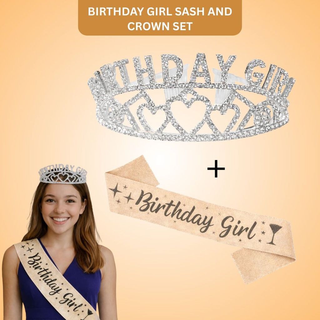 Birthday Girl Sash And Birthday Girl Crown - Pack of 2 Pcs Silver Birthday Sash for Girls | Birthday Crowns for Girls - Party and Festive Needs | Buy online on ZillyBuy