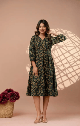 Moongia Green Hand-Block Printed A-Line Cotton Dress