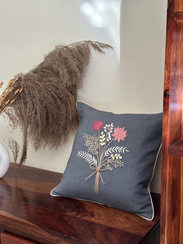 KRI India Bloom Flower bunch Cushion Cover|18x18 inches | Bluish Grey with colourful embroidery | Wash & Care | 100% Cotton | Handcrafted in India. 100% organic & natural.