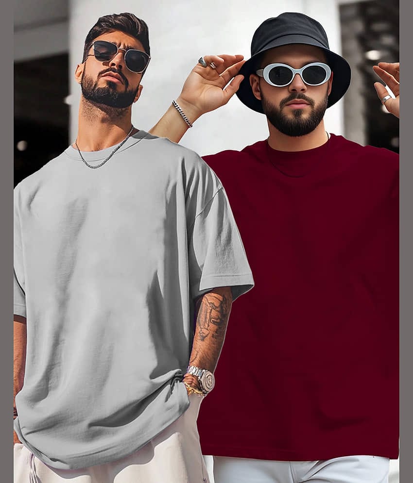 AUSK Men Cotton Blend Oversized Fit Solid T-Shirt ( Maroon )