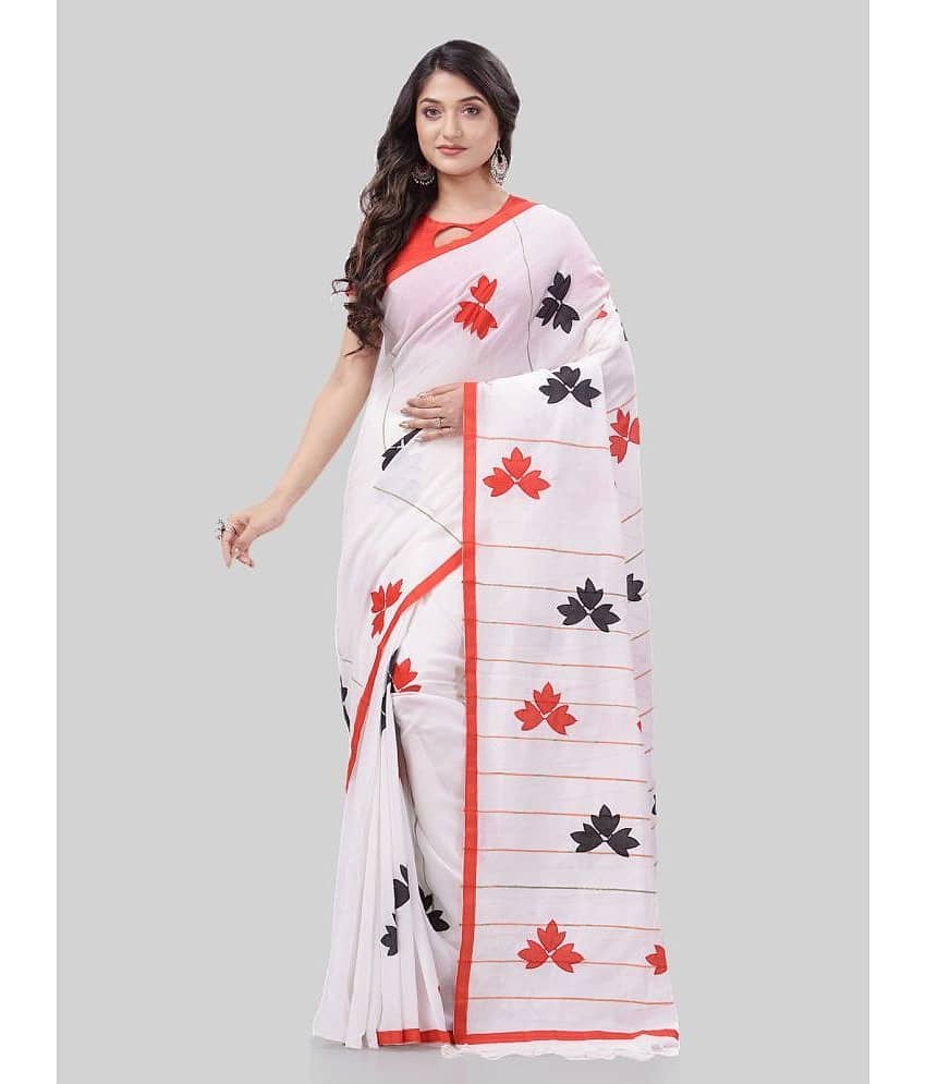 Desh Bidesh Cotton Applique Saree With Unstitched Blouse Piece ( White )