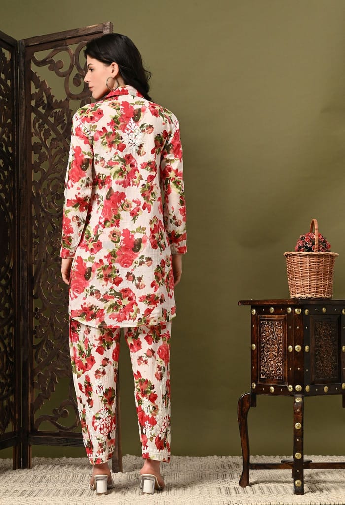 Chikankari Cord Set in Mulmul Set - Floral Print Red
